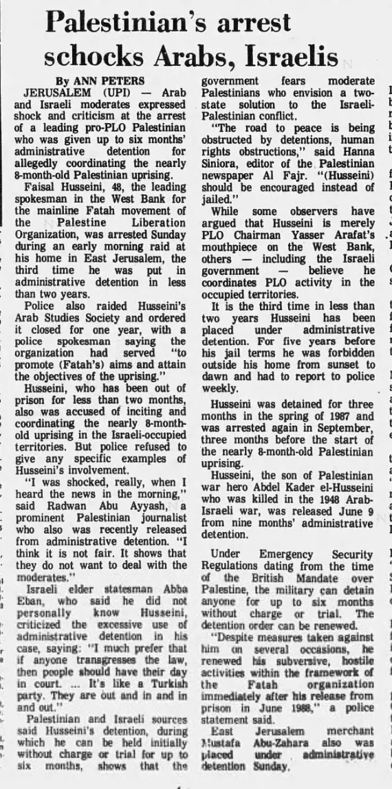 Palestinian’s arrest shocks Arabs, Israelis — Kilgore News Herald, 1 August 1988