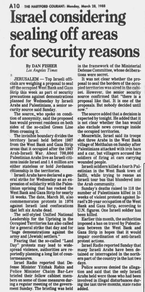 Israel considering sealing off areas for security reasons — Hartford Courant, 28 March 1988