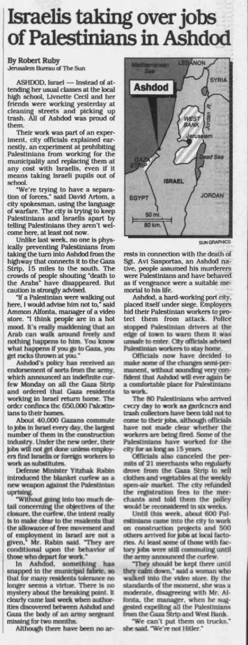 Israelis taking over jobs of Palestinians in Ashdod — The Baltimore Sun, 17 May 1989