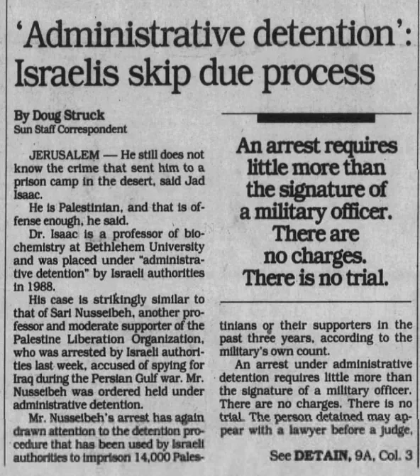 ‘Administrative detention’: Israelis skip due process — The Baltimore Sun, 6 February 1991