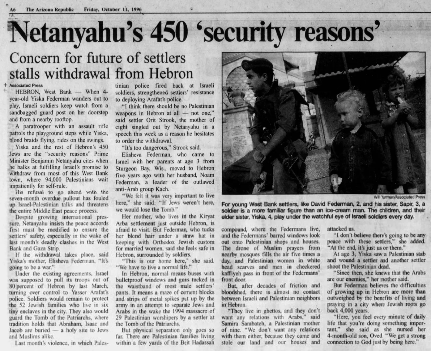 Netanyahu’s 450 ‘security reasons’ — The Arizona Republic, 11 October 1996