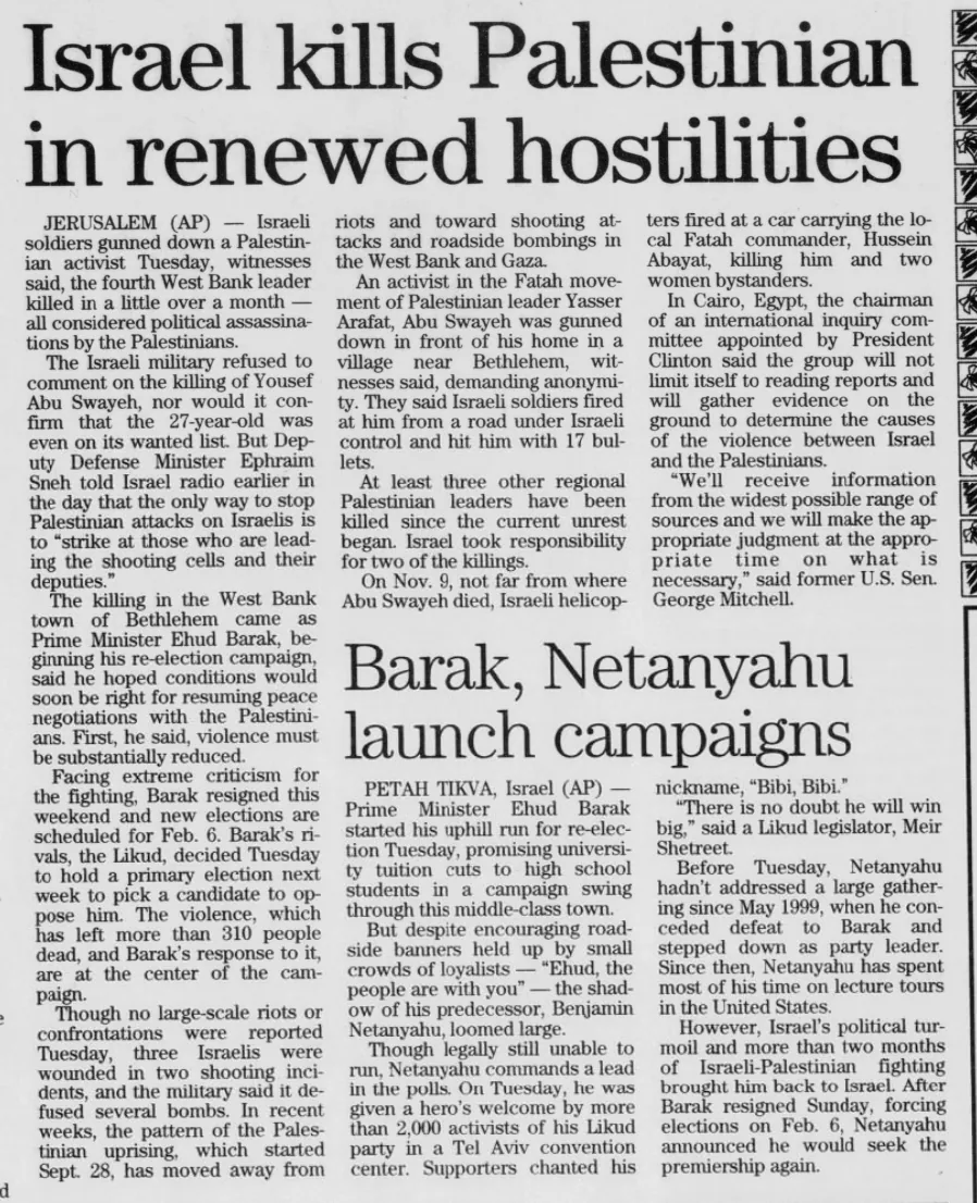 Israel kills Palestinian in renewed hostilities — Southern Illinoisan, 13 December 2000