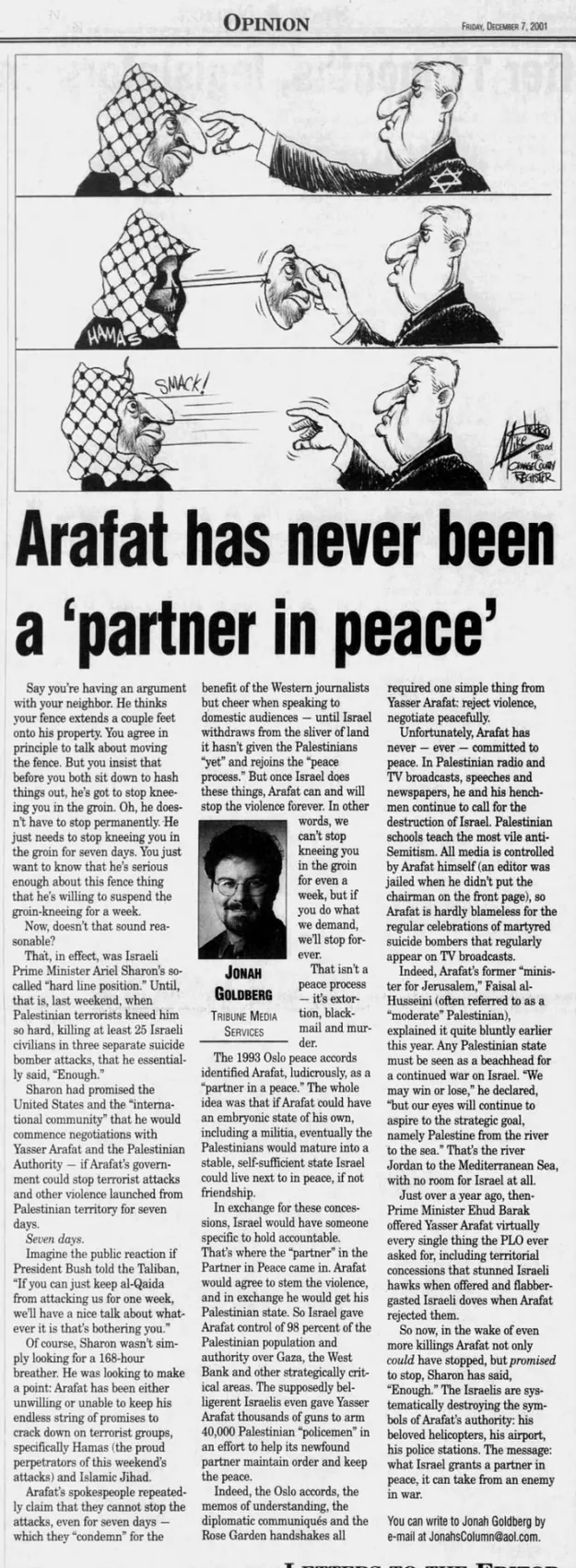 Opinion cartoon: Arafat, Hamas and Sharon — Daily Dispatch, 7 December 2001
