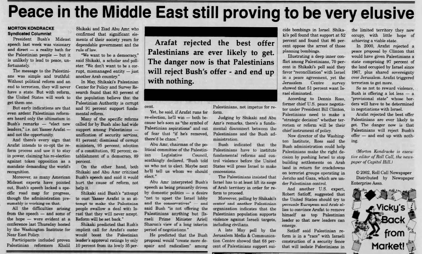 Peace in the Middle East still proving to be very elusive — Southwest Daily News, 4 July 2002
