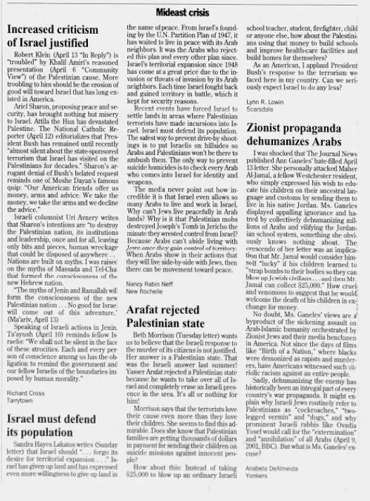 Increased criticism of Israel justified — The Journal News, 20 April 2002