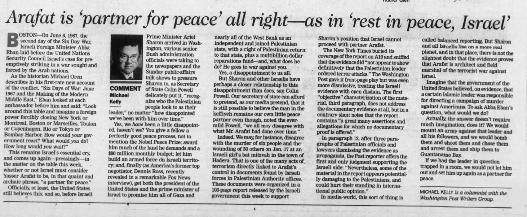Arafat is ‘partner for peace’ all right — as in ‘rest in peace, Israel’ — The Free Lance-Star, 5 May 2002