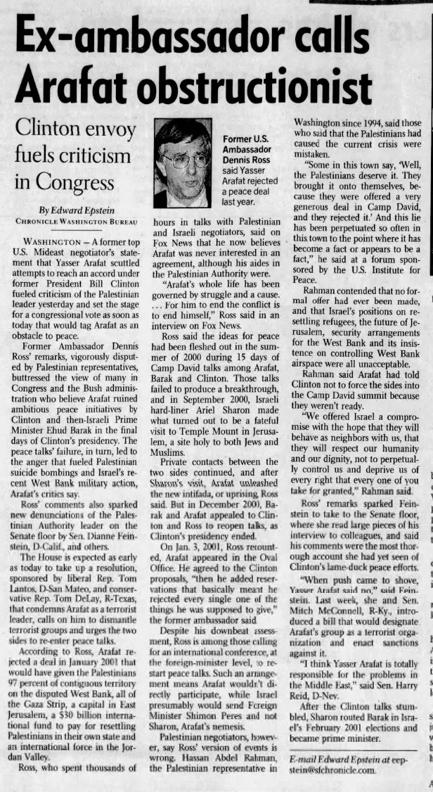 Ex-ambassador calls Arafat obstructionist — San Francisco Chronicle, 23 April 2002