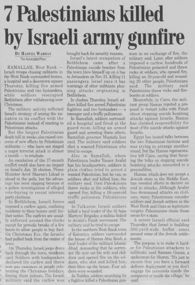 7 Palestinians killed by Israeli army gunfire — Marshfield News-Herald, 27 December 2002