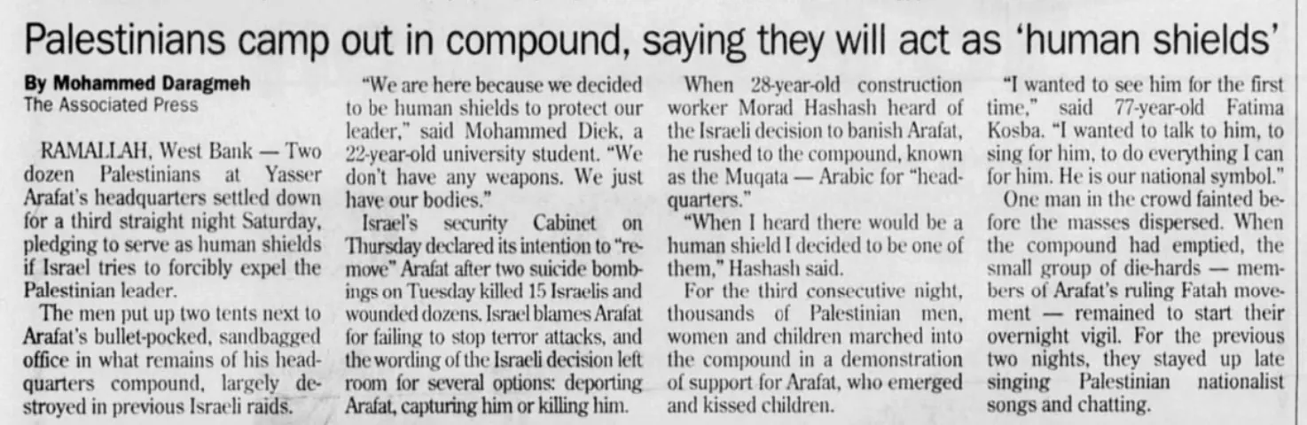 Palestinians camp out in compound, saying they will act as ‘human shields’ — The Times, 14 September 2003