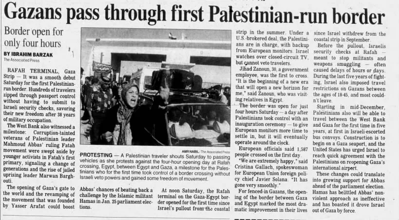 Gazans pass through first Palestinian-run border — Staten Island Advance, 27 November 2005