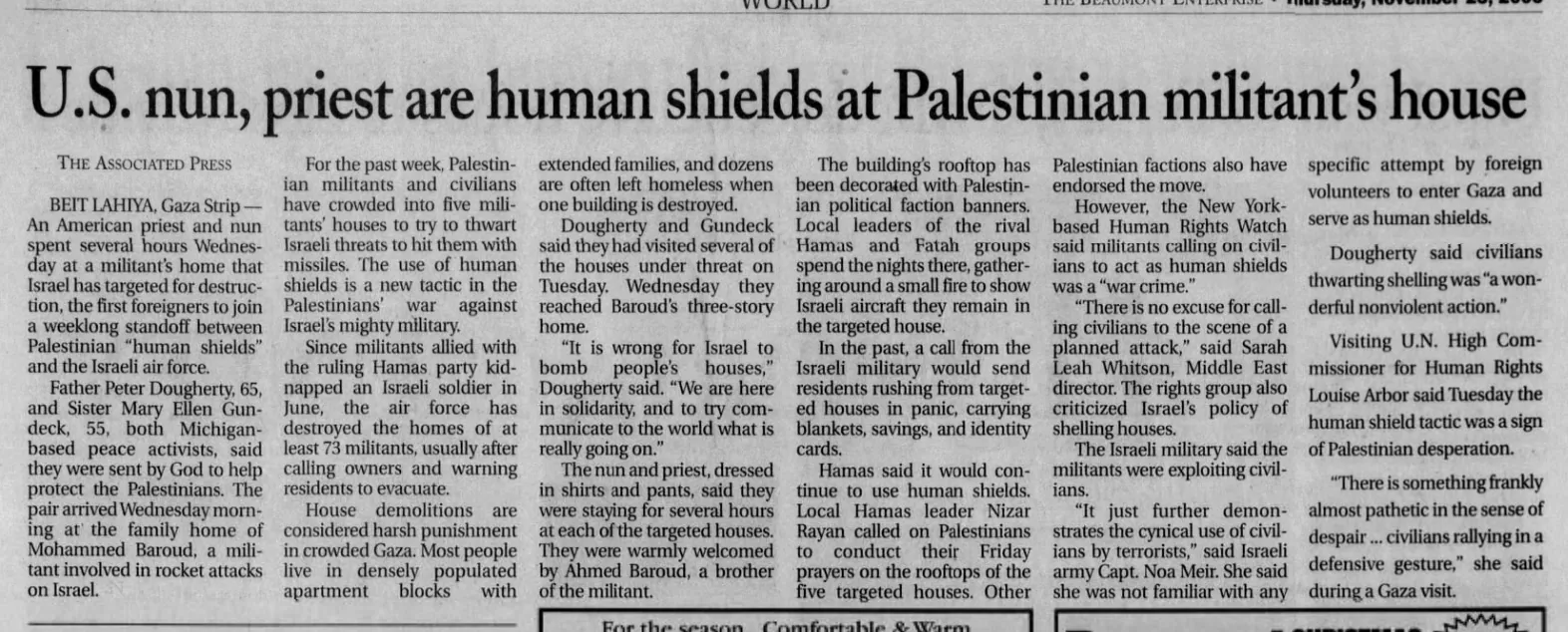 U.S. nun, priest are human shields at Palestinian militant’s house — The Beaumont Enterprise, 23 November 2006