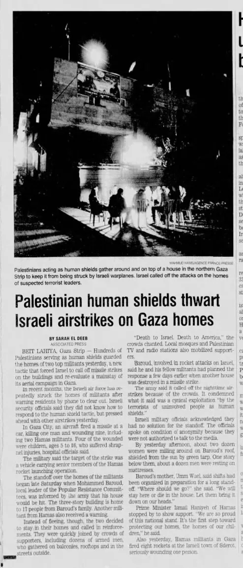 Palestinian human shields thwart Israeli airstrikes on Gaza homes — The Star-Ledger, 20 November 2006