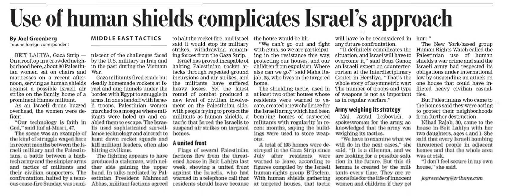Use of human shields complicates Israel’s approach — Chicago Tribune, 27 November 2006