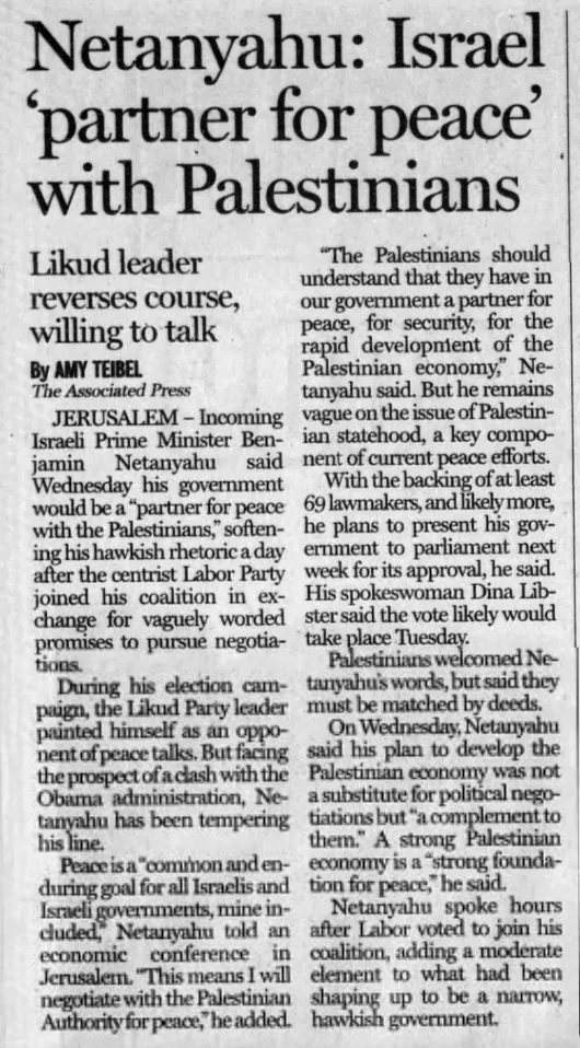 Netanyahu: Israel ‘partner for peace’ with Palestinians — Huntsville Times, 26 March 2009