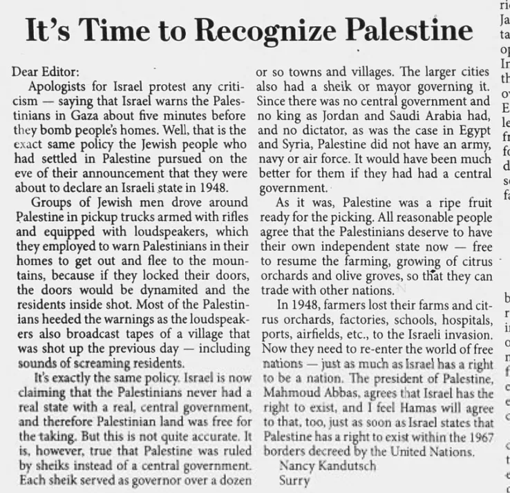 It's Time to Recognize Palestine — Ellsworth American, 31 July 2014