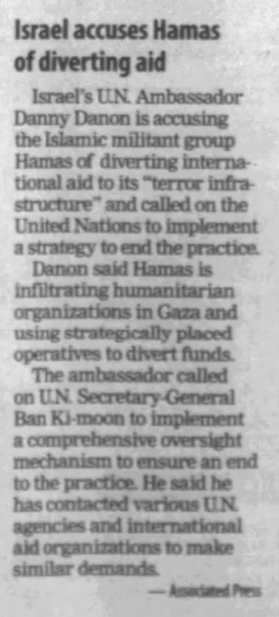 Israel accuses Hamas of diverting aid — The Rock Island Argus, 20 September 2016