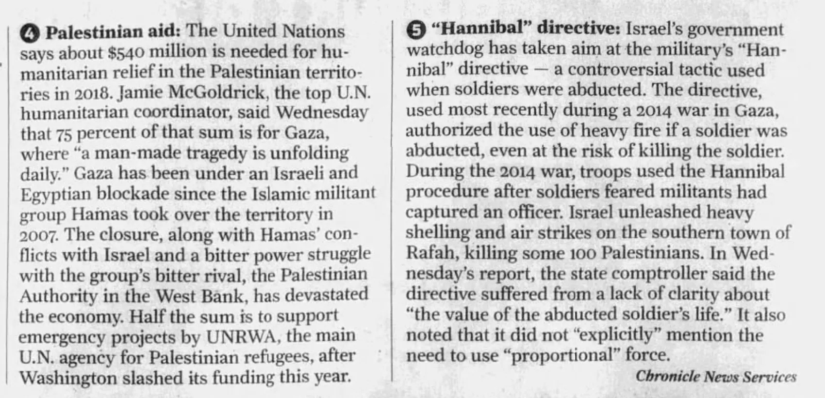 Palestinian aid; ‘Hannibal’ directive — San Francisco Chronicle, 15 March 2018
