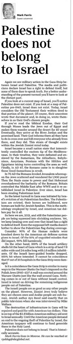 Palestine does not belong to Israel — The Monroe Evening News, 1 June 2021