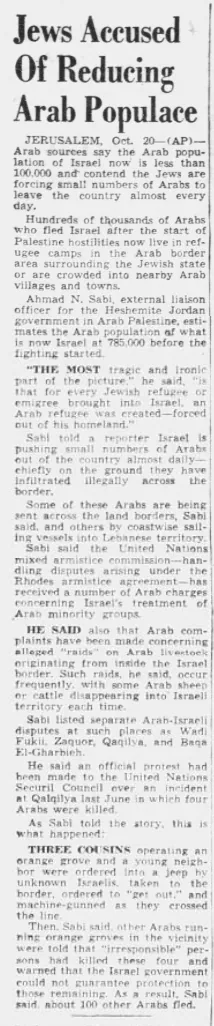 Jews Accused Of Reducing Arab Populace — The Arizona Republic, 21 October 1949
