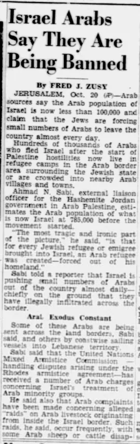Israel Arabs Say They Are Being Banned — Press of Atlantic City, 20 October 1949