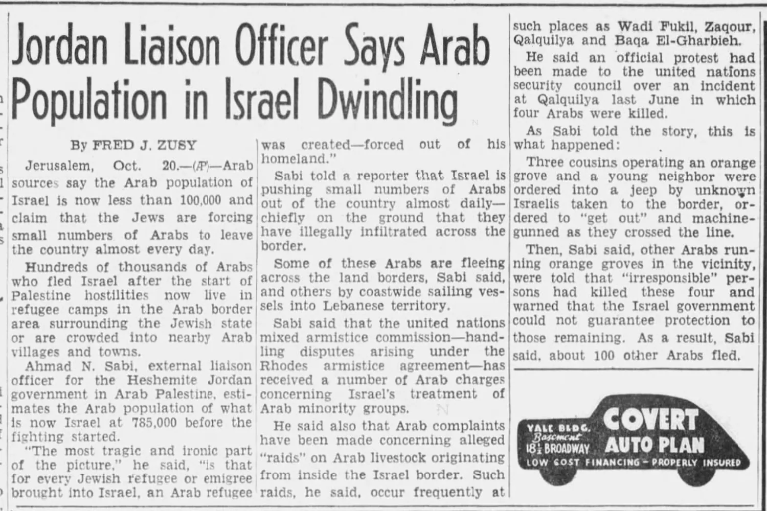 Jordan Liaison Officer Says Arab Population in Israel Dwindling — The Billings Gazette, 21 October 1949