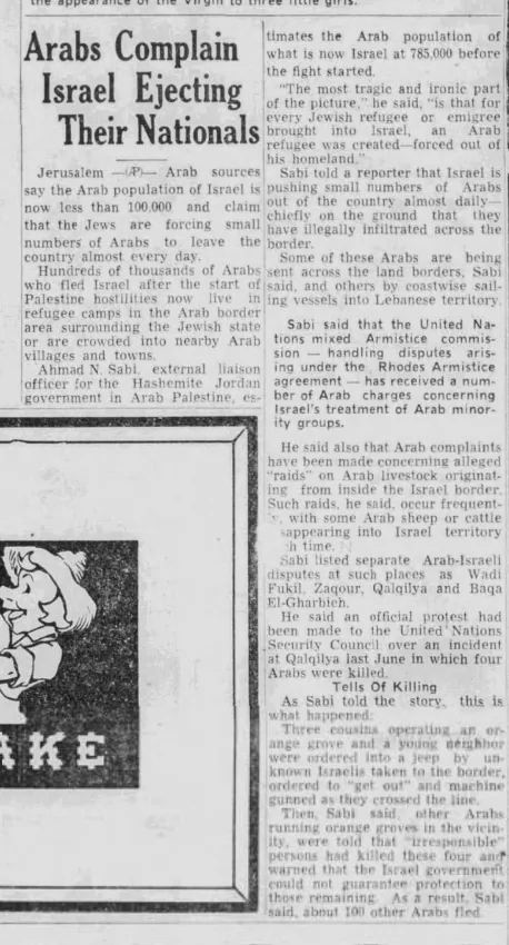 Arabs Complain Israel Ejecting Their Nationals — Intelligencer Journal, 27 October 1949