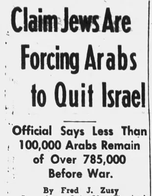 Claim Jews Are Forcing Arabs to Quit Israel — Star Herald, 21 October 1949