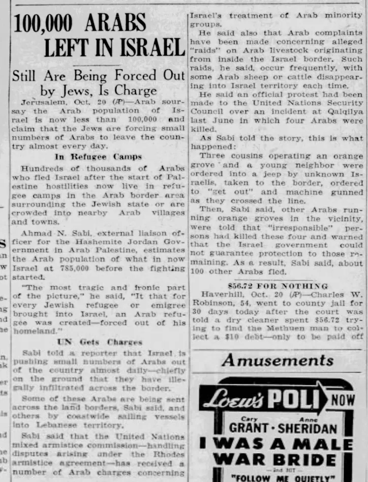 100,000 Arabs Left In Israel — The Morning Union, 21 October 1949