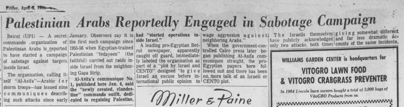 Palestinian Arabs Reportedly Engaged in Sabotage Campaign &mdash; Lincoln Journal Star, 2 April 1965