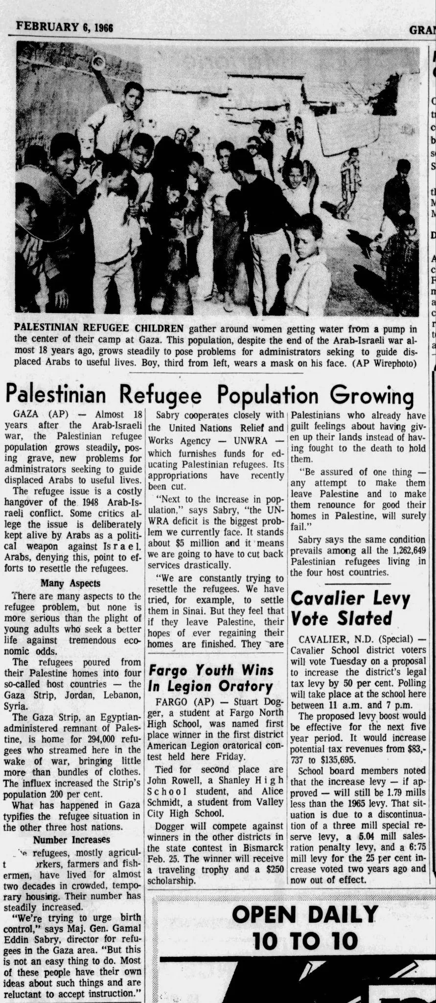 Palestinian Refugee Population Growing &mdash; Grand Forks Herald, 6 February 1966