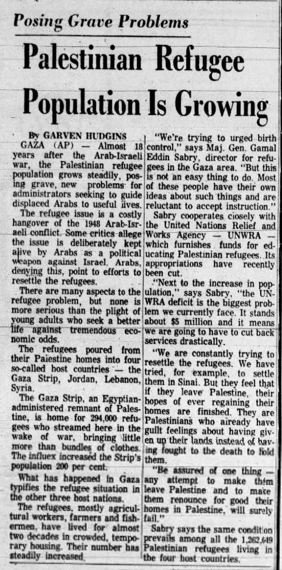 Palestinian Refugee Population Is Growing &mdash; The Orange Leader, 8 March 1966