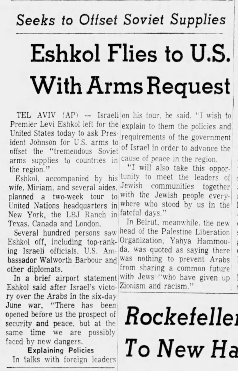 Eshkol Flies to U.S. With Arms Request — The News, 4 January 1968