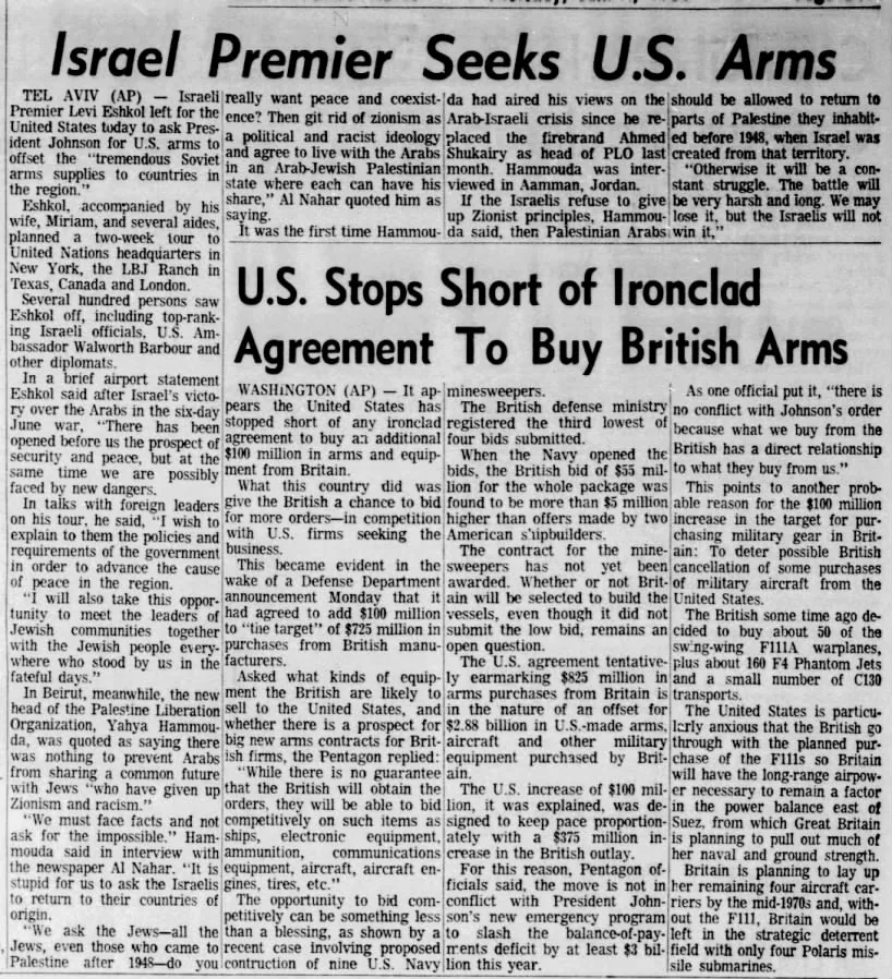 Israel Premier Seeks U.S. Arms — Telegram & Gazette, 4 January 1968