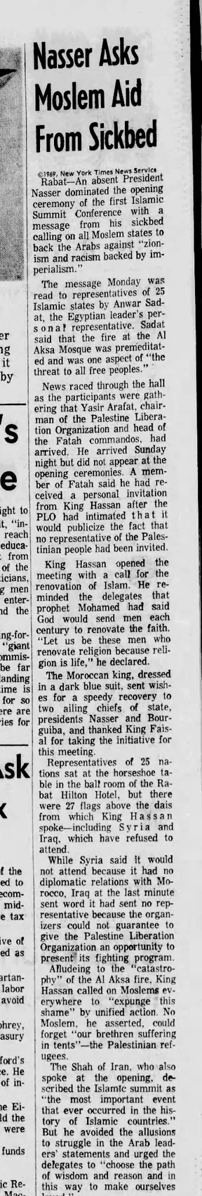 Nasser Asks Moslem Aid From Sickbed — Houston Chronicle, 24 September 1969