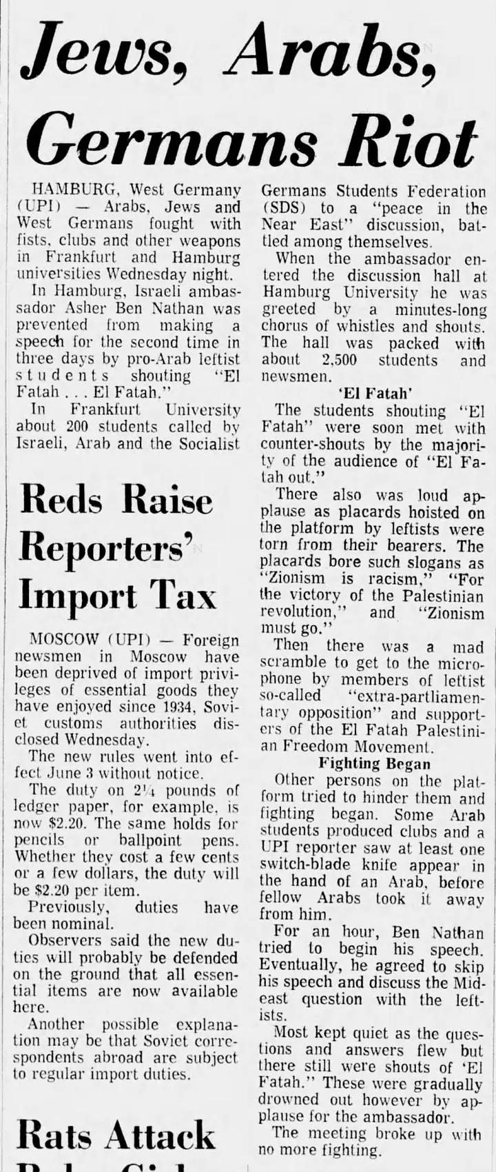 Jews, Arabs, Germans Riot — Florida Times Union, 12 June 1969