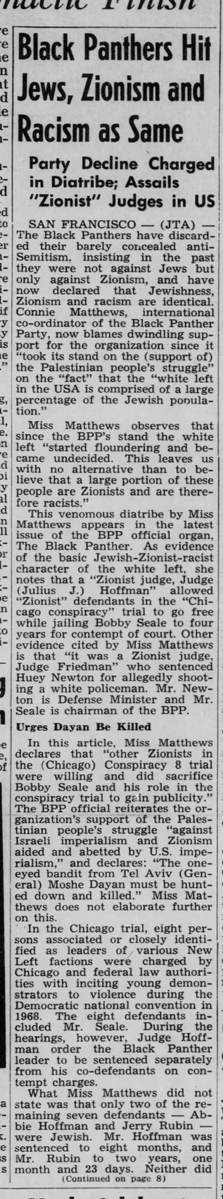 Black Panthers Hit Jews, Zionism and Racism as Same — Wisconsin Jewish Chronicle, 8 May 1970