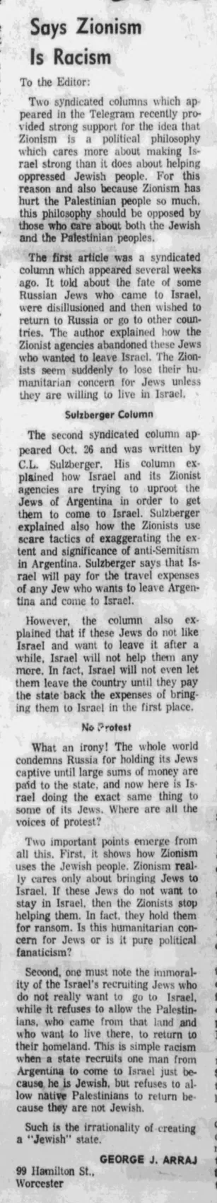 Says Zionism Is Racism — Worcester Telegram, 4 November 1974
