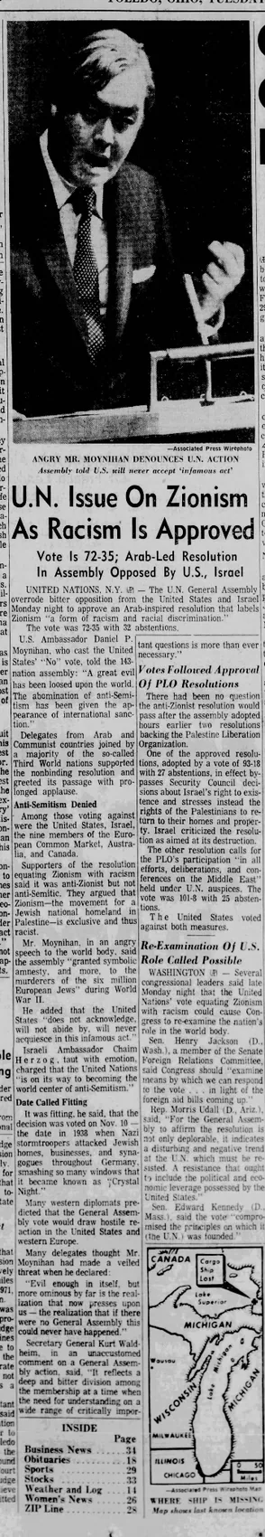 U.N. Issue On Zionism As Racism Is Approved — The Blade, 11 November 1975