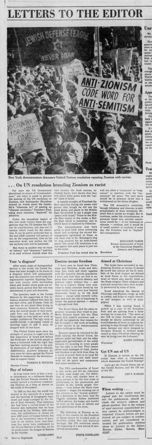 On UN resolution branding Zionism as racist — The Boston Globe, 17 November 1975