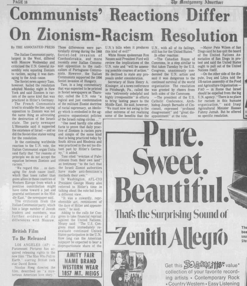 Communists’ Reactions Differ On Zionism-Racism Resolution — Montgomery Advertiser, 13 November 1975