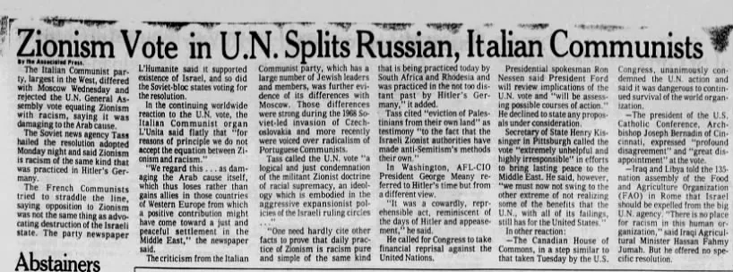 Zionism Vote in U.N. Splits Russian, Italian Communists — Omaha World-Herald, 13 November 1975