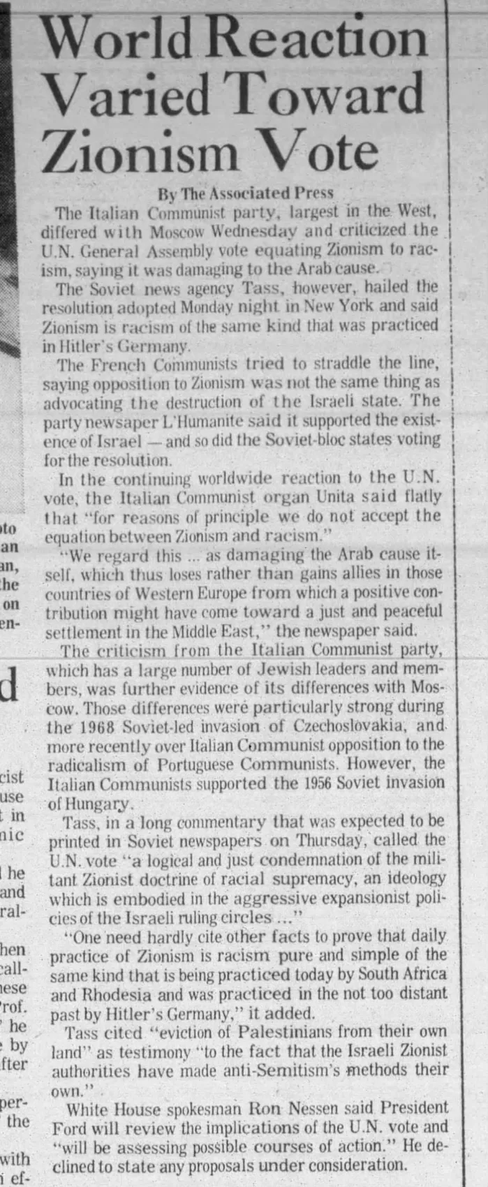 World Reaction Varied Toward Zionism Vote — The Times Picayune, 13 November 1975
