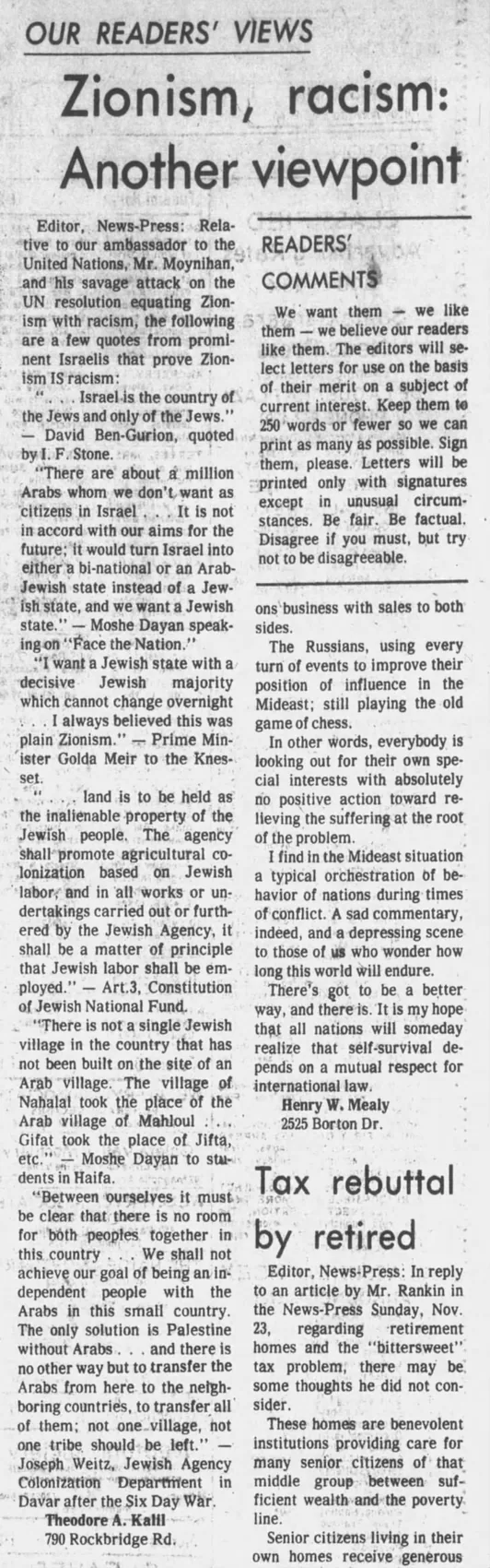 Zionism, racism: Another viewpoint — Santa Barbara News-Press, 11 December 1975