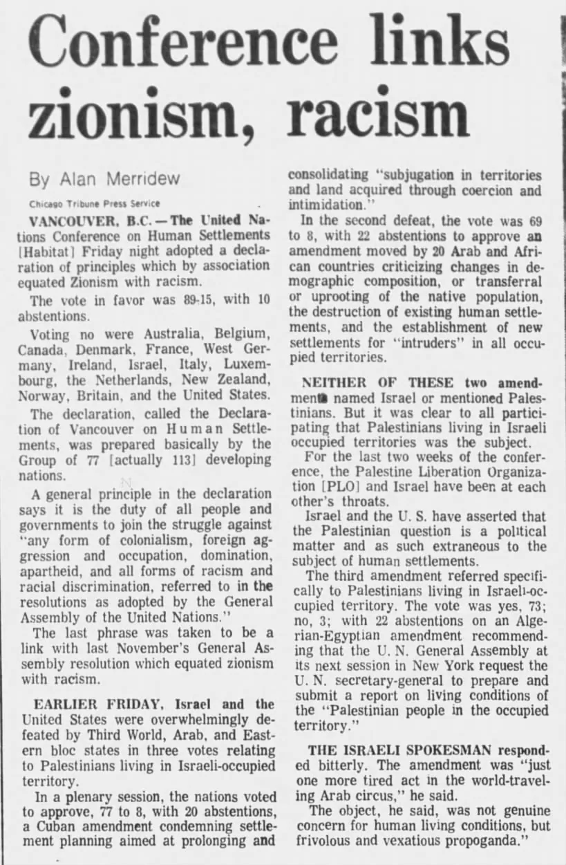 Conference links zionism, racism — Chicago Tribune, 12 June 1976