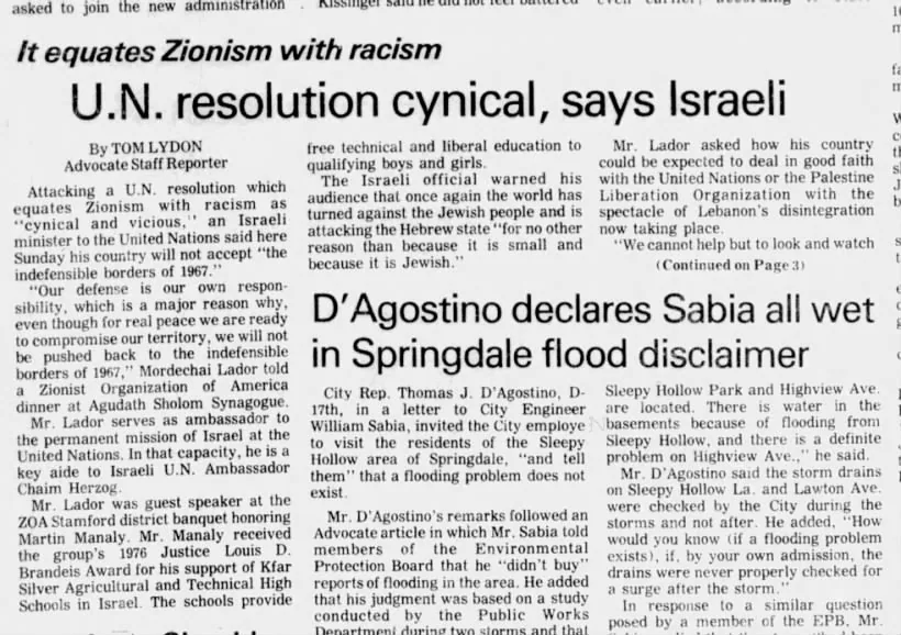 U.N. resolution cynical, says Israeli — Stamford Advocate, 17 May 1976