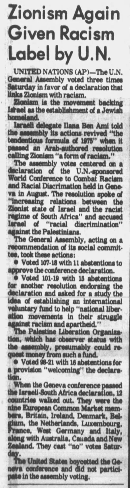 Zionism Again Given Racism Label by U.N. — The Kansas City Star, 17 December 1978