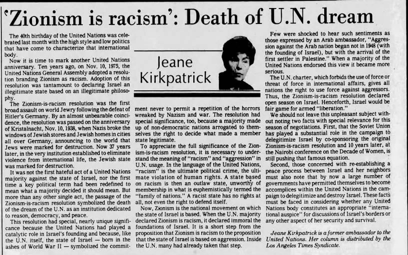 ‘Zionism is racism’: Death of U.N. dream — The Macon Telegraph, 12 November 1985
