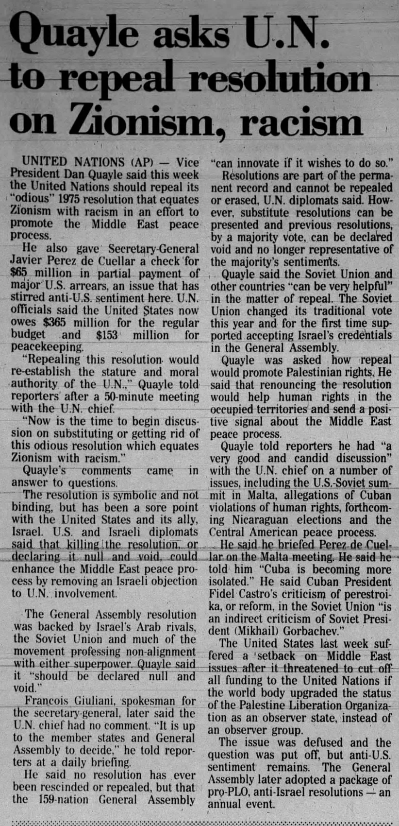 Quayle asks U.N. to repeal resolution on Zionism, racism — Elko Daily Free Press, 15 December 1989