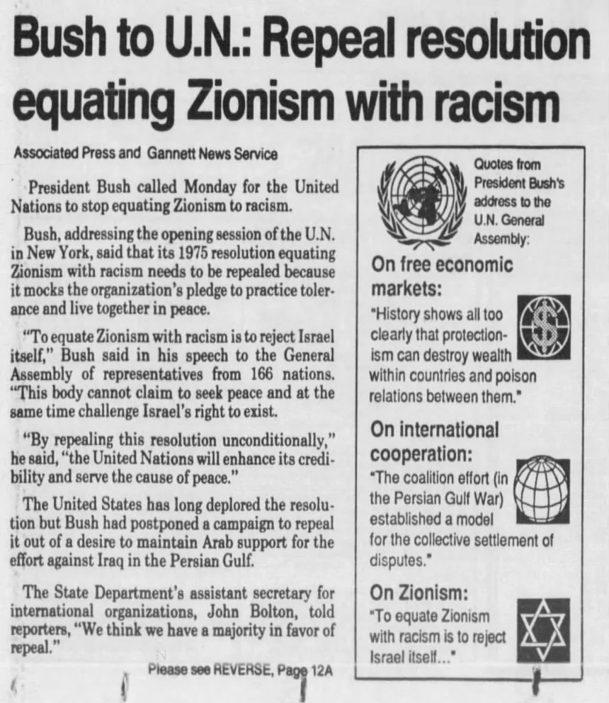 Bush to U.N.: Repeal resolution equating Zionism with racism — Courier Post, 24 September 1991