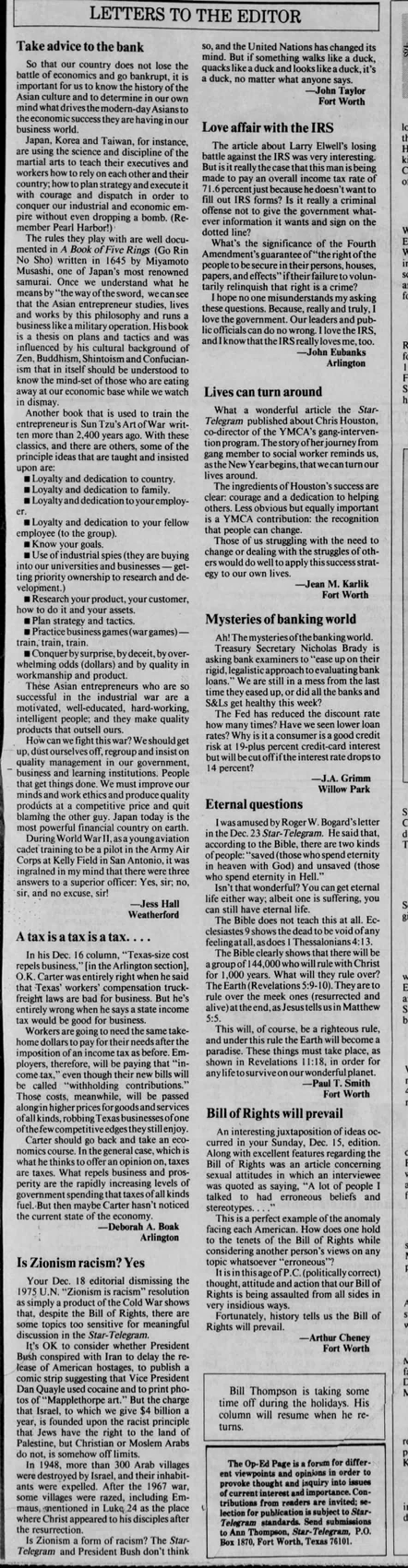 Is Zionism racism? Yes — Fort Worth Star Telegram, 4 January 1992